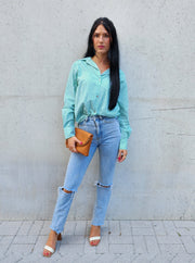 Evelina Stripped Button Down- Kelly Green- Final Sale