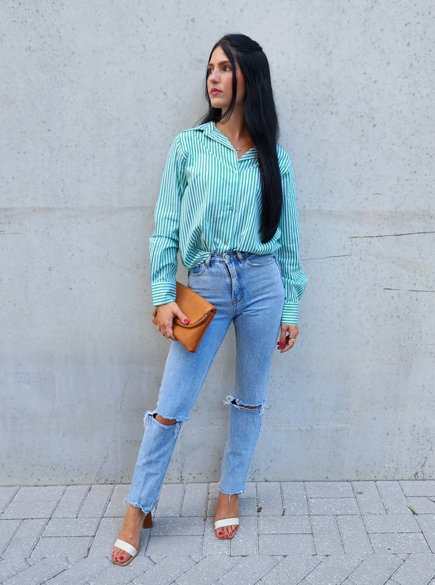 Evelina Stripped Button Down- Kelly Green- Final Sale