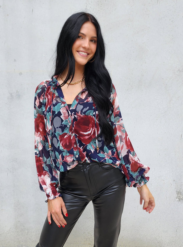 Cece Floral Long Sleeve Blouse- Final Sale